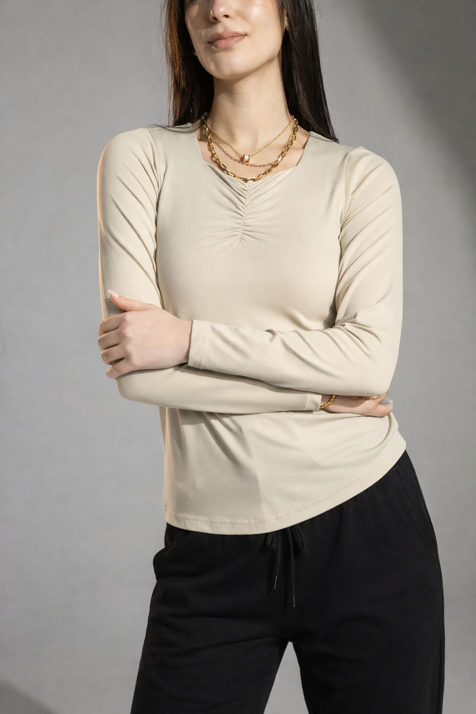 Off White Ruched Long Sleeve Top