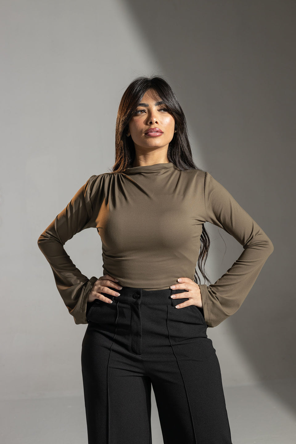 Brown Flared Sleeves Polyamide Top