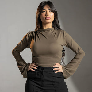 Brown Flared Sleeves Polyamide Top