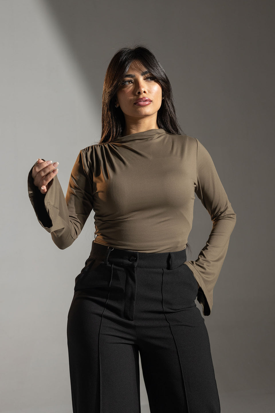 Brown Flared Sleeves Polyamide Top