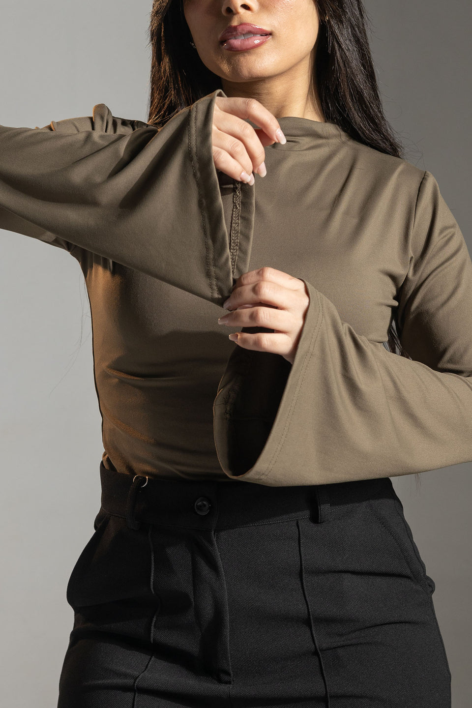 Brown Flared Sleeves Polyamide Top