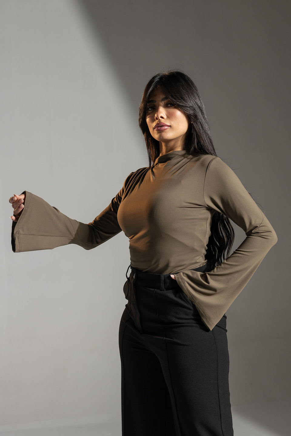 Brown Flared Sleeves Polyamide Top