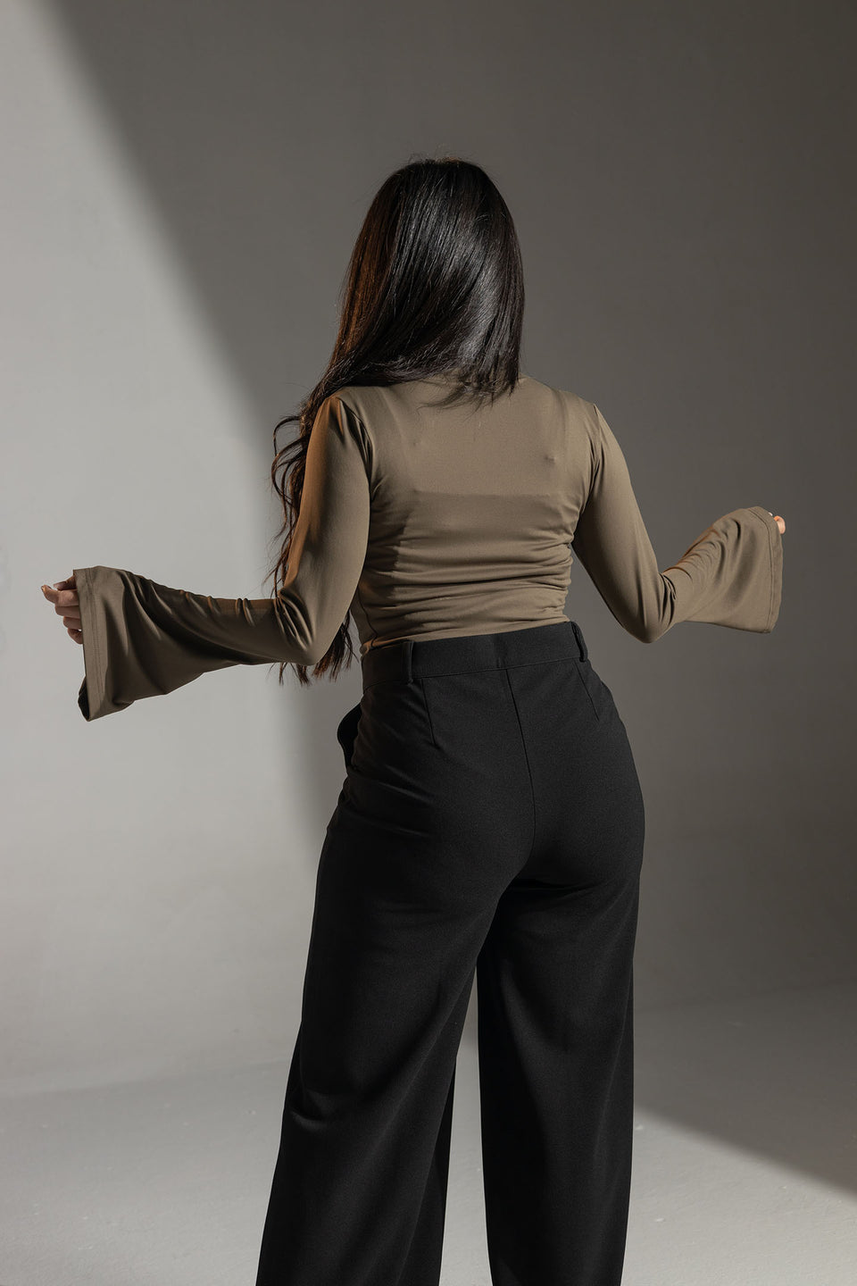Brown Flared Sleeves Polyamide Top