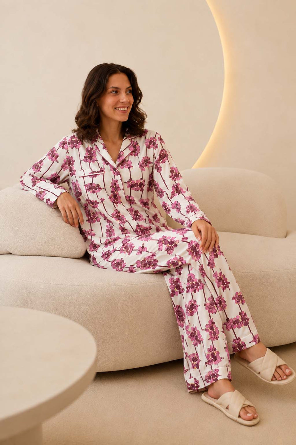 Purple Floral Print Satin Lounge Set