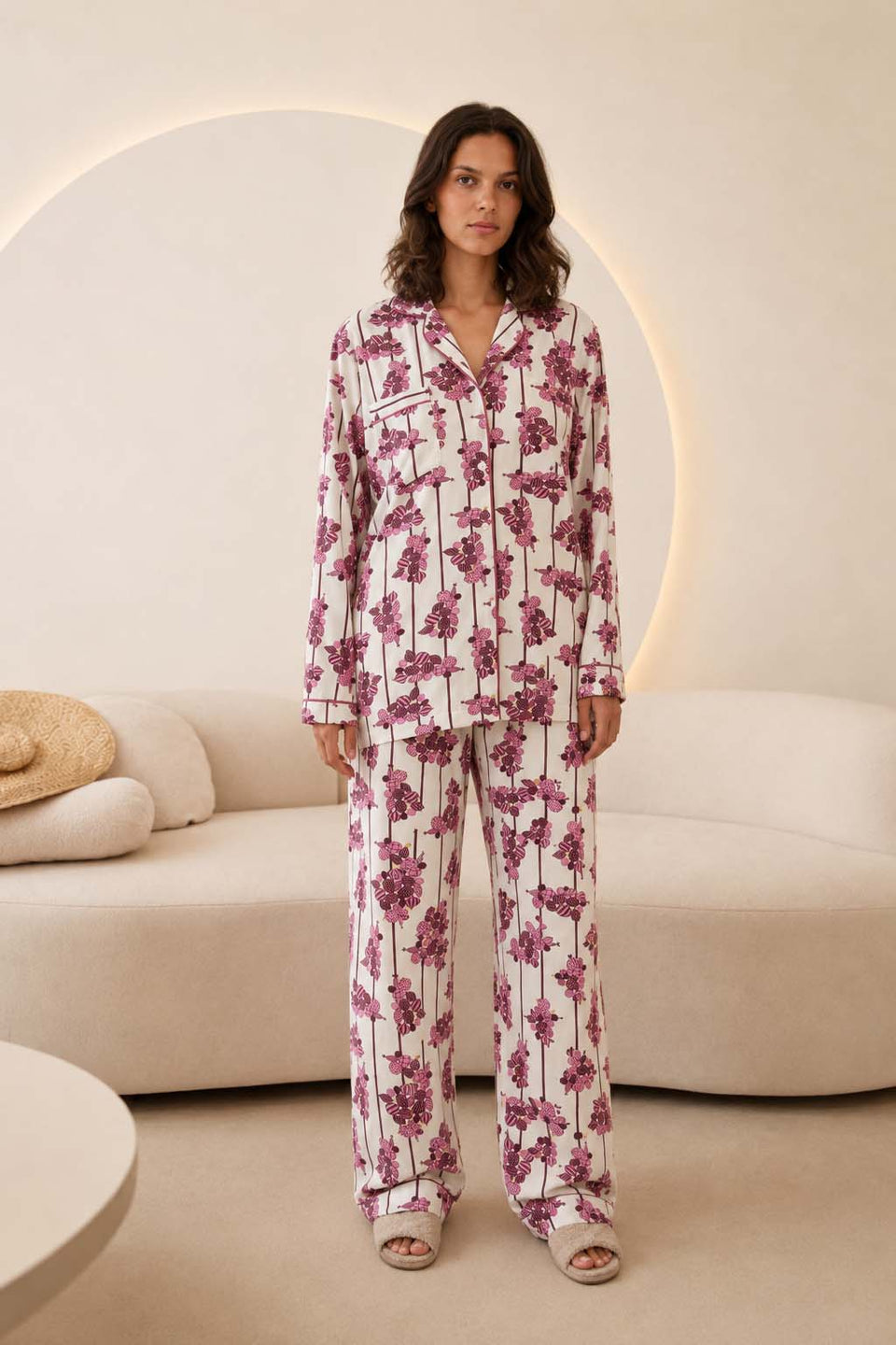 Purple Floral Print Satin Lounge Set