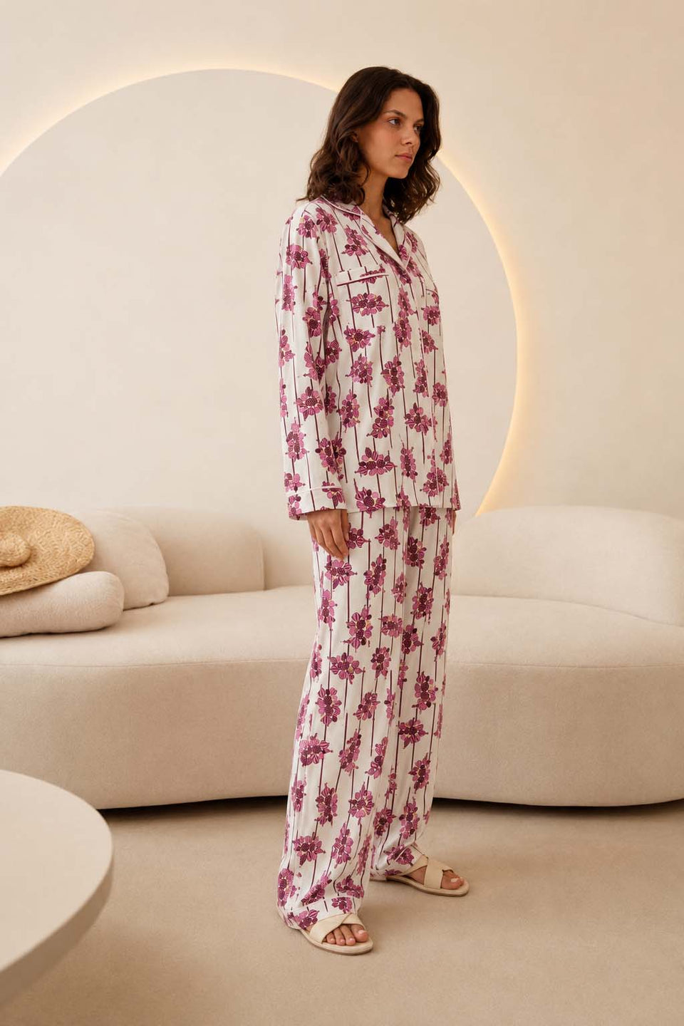 Purple Floral Print Satin Lounge Set