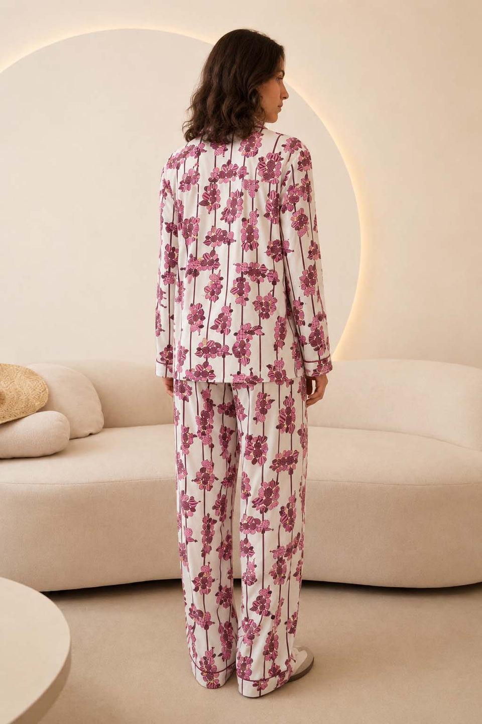 Purple Floral Print Satin Lounge Set
