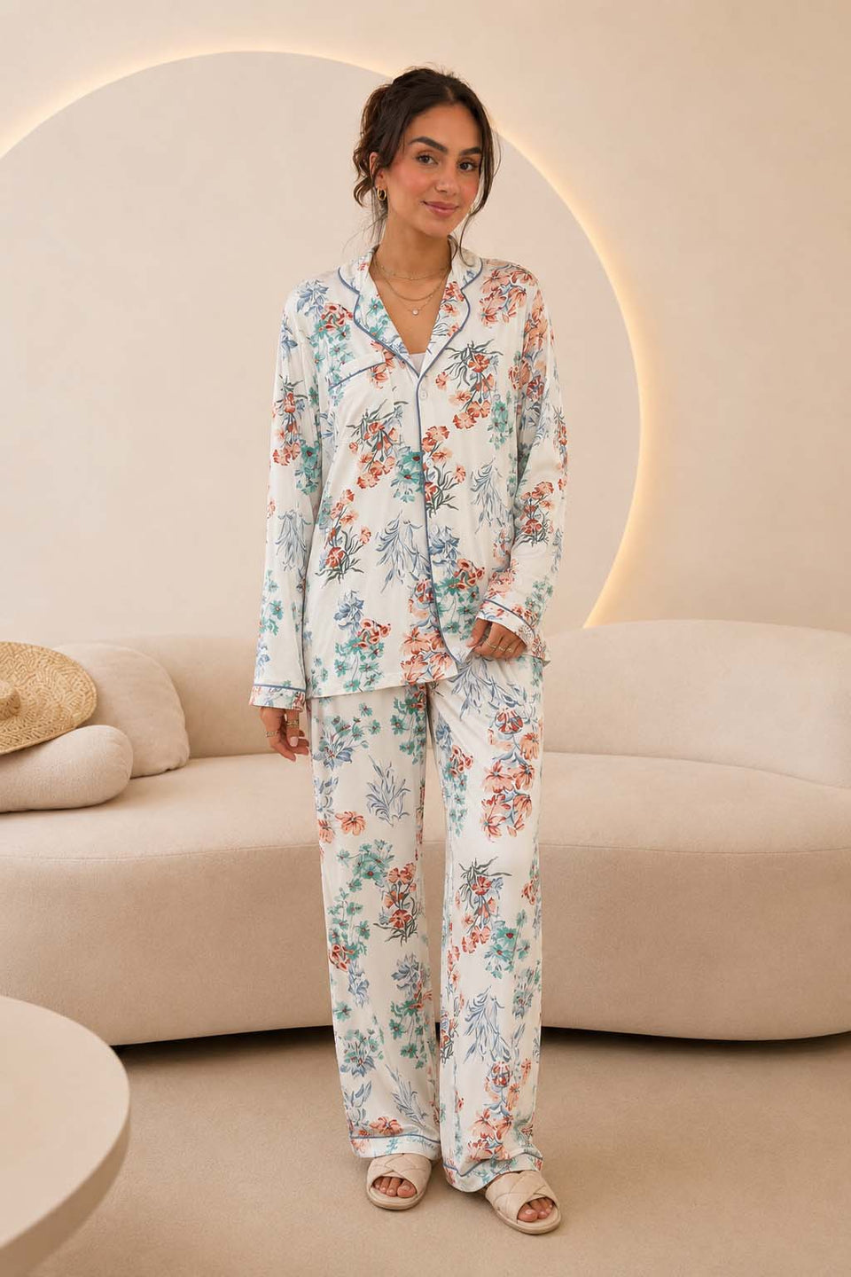 White Floral Satin Pajama Set