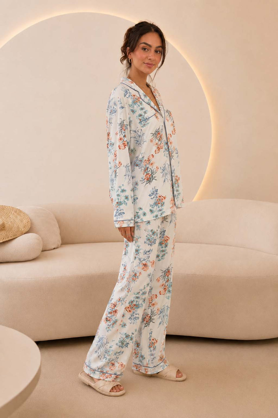 White Floral Satin Pajama Set