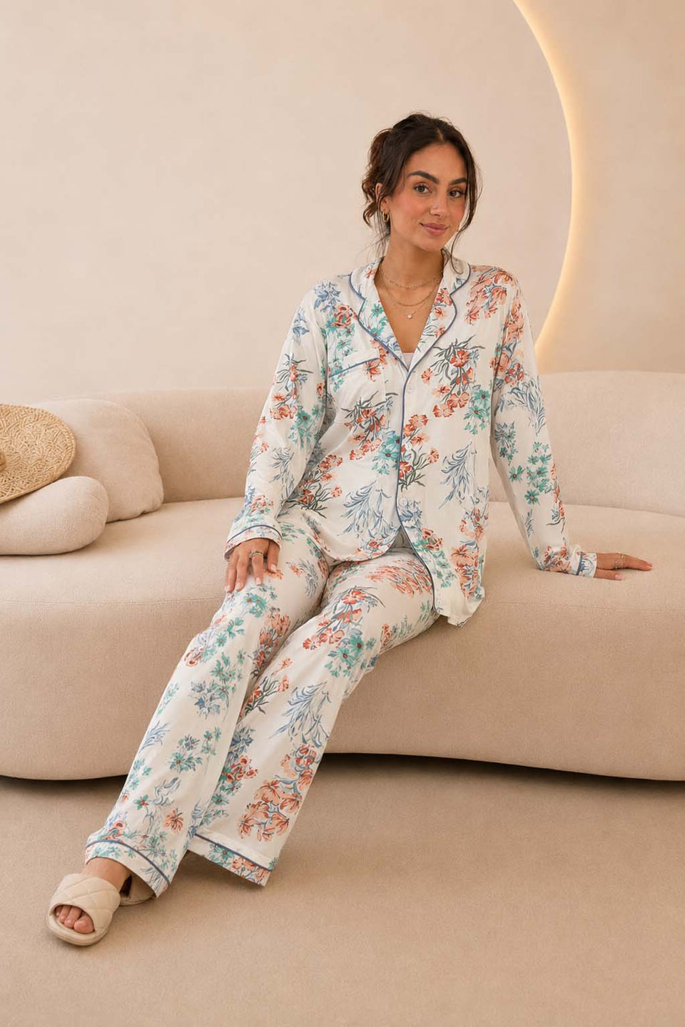 White Floral Satin Pajama Set
