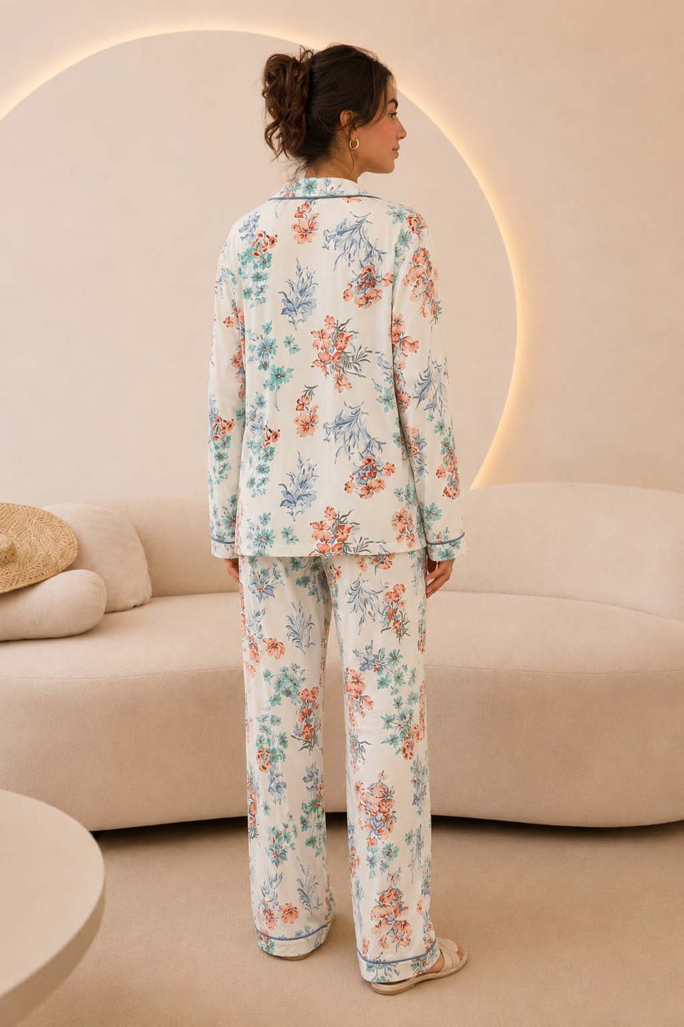White Floral Satin Pajama Set