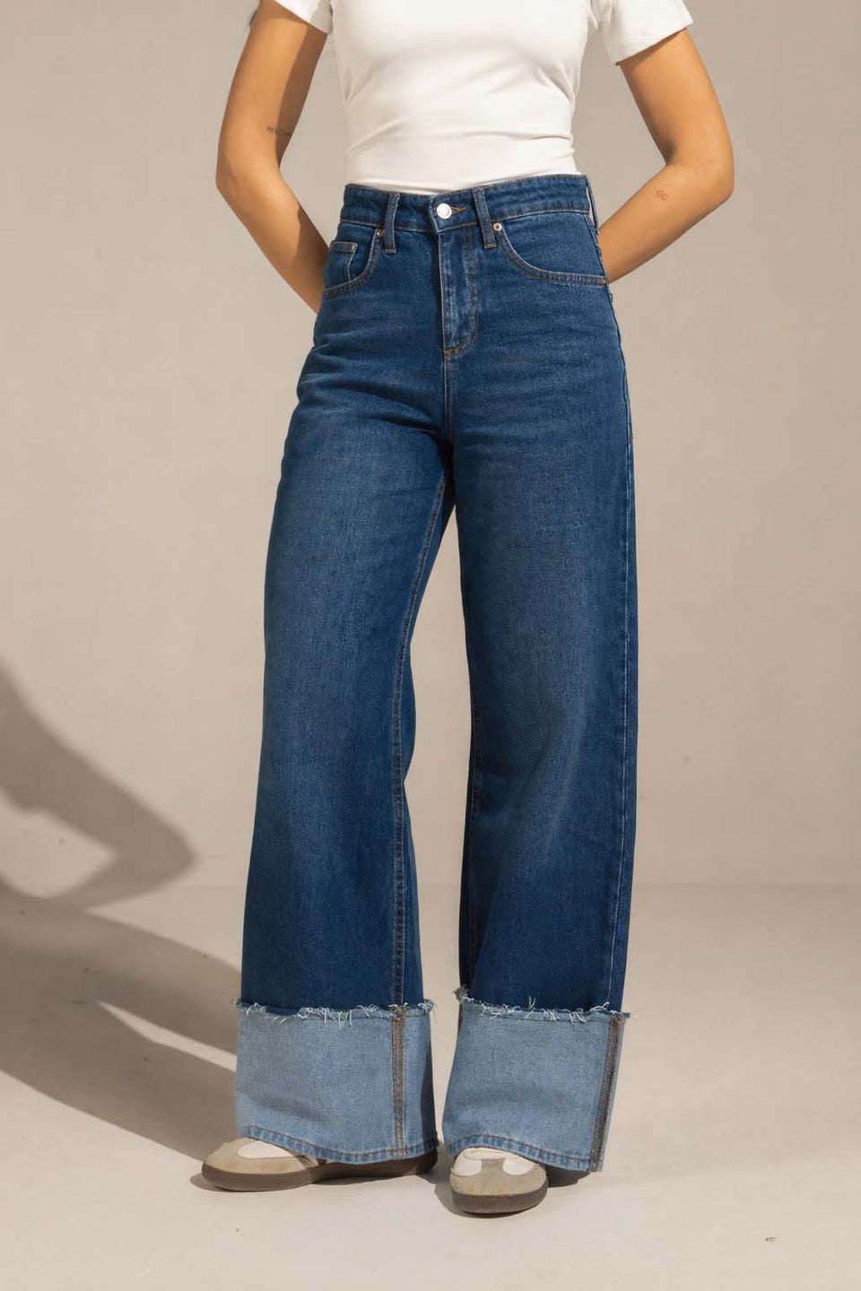 Dark Jeans Raw Hem High-Waist Wide-Leg Jeans