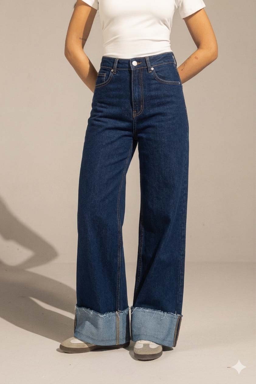 Navy Raw Hem High-Waist Wide-Leg Jeans