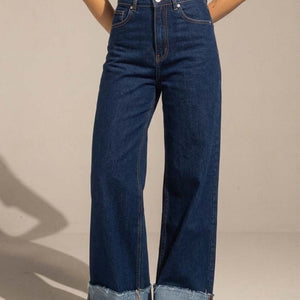 Navy Raw Hem High-Waist Wide-Leg Jeans