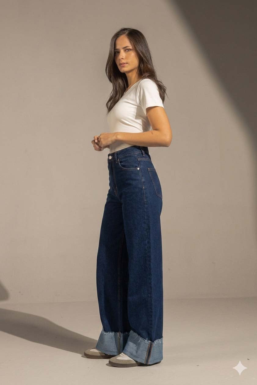 Navy Raw Hem High-Waist Wide-Leg Jeans