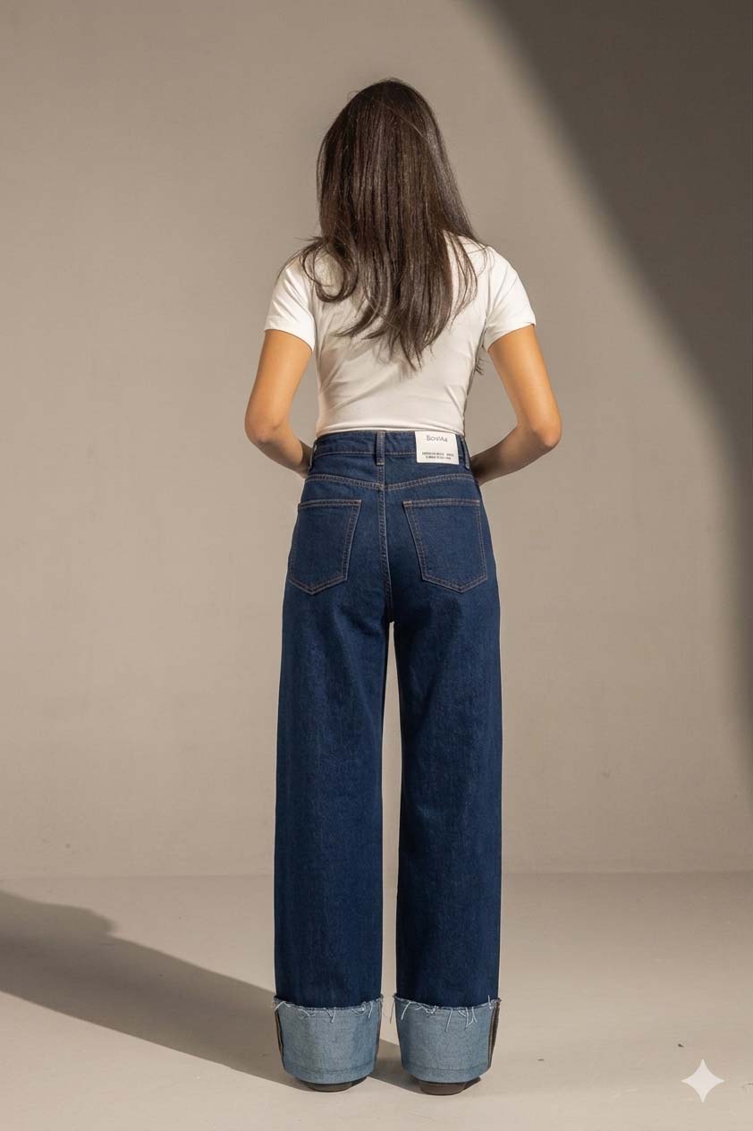 Navy Raw Hem High-Waist Wide-Leg Jeans