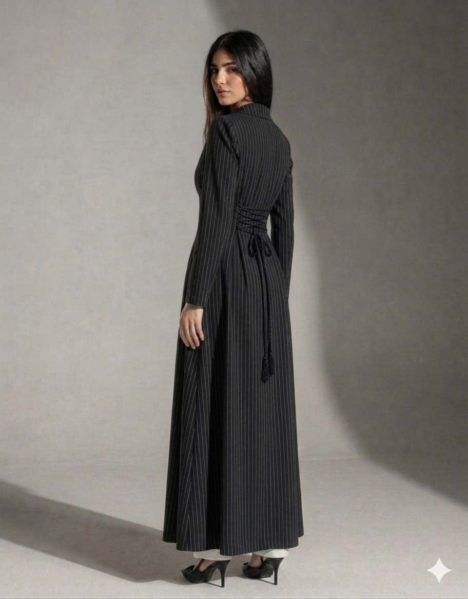 Black Pinstriped TR Tied Back Dress