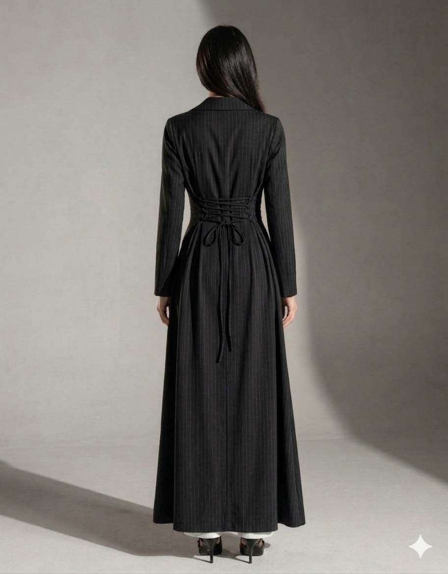 Black Pinstriped TR Tied Back Dress