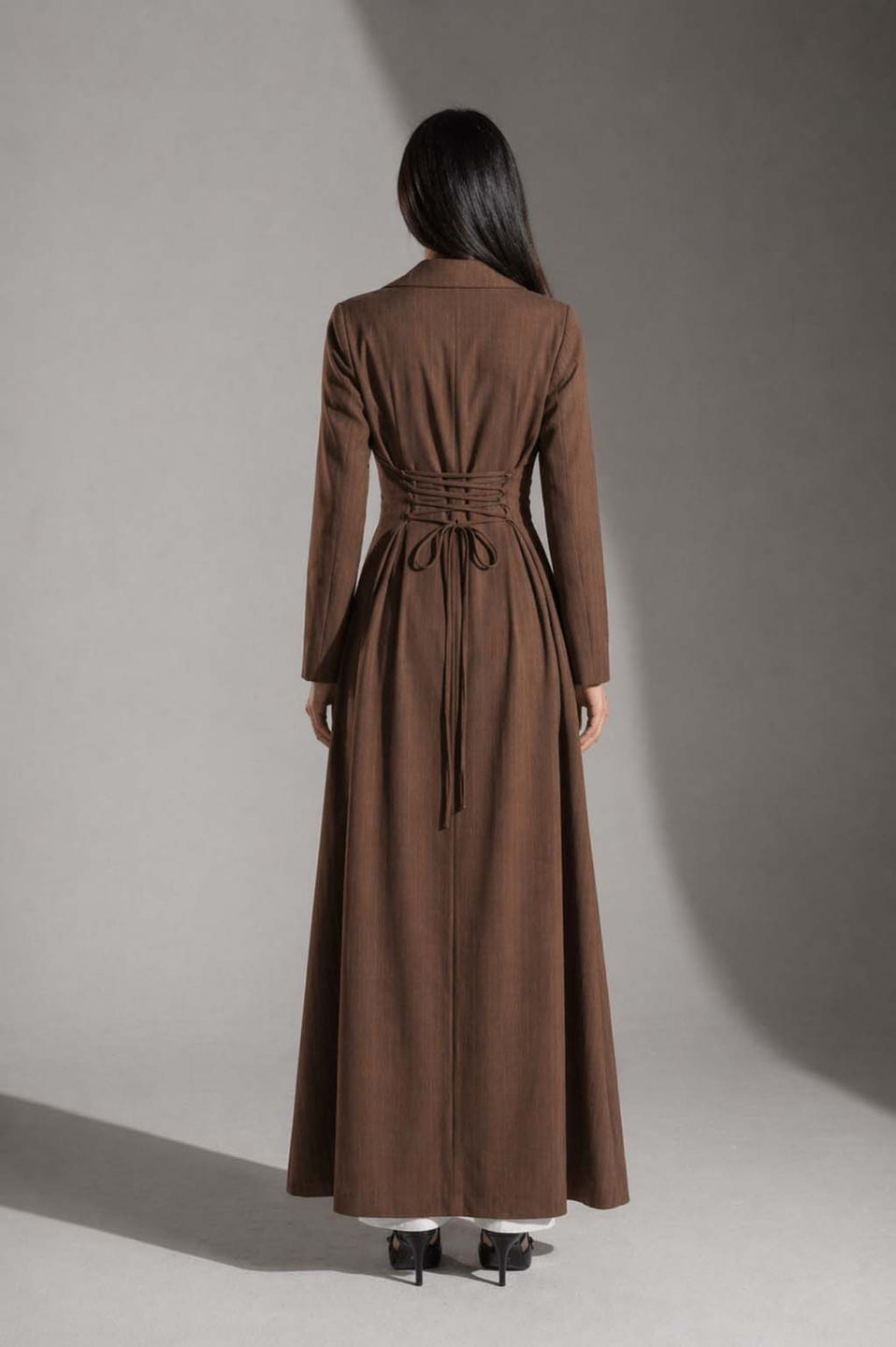 Brown Pinstriped TR Tied Back Dress