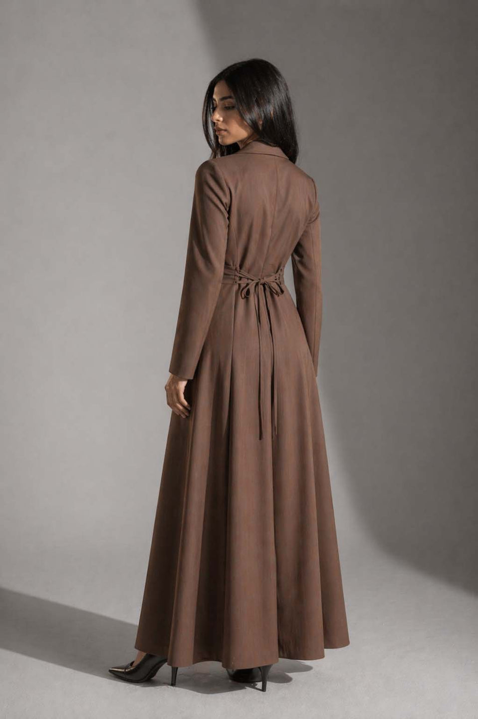 Brown Pinstriped TR Tied Back Dress