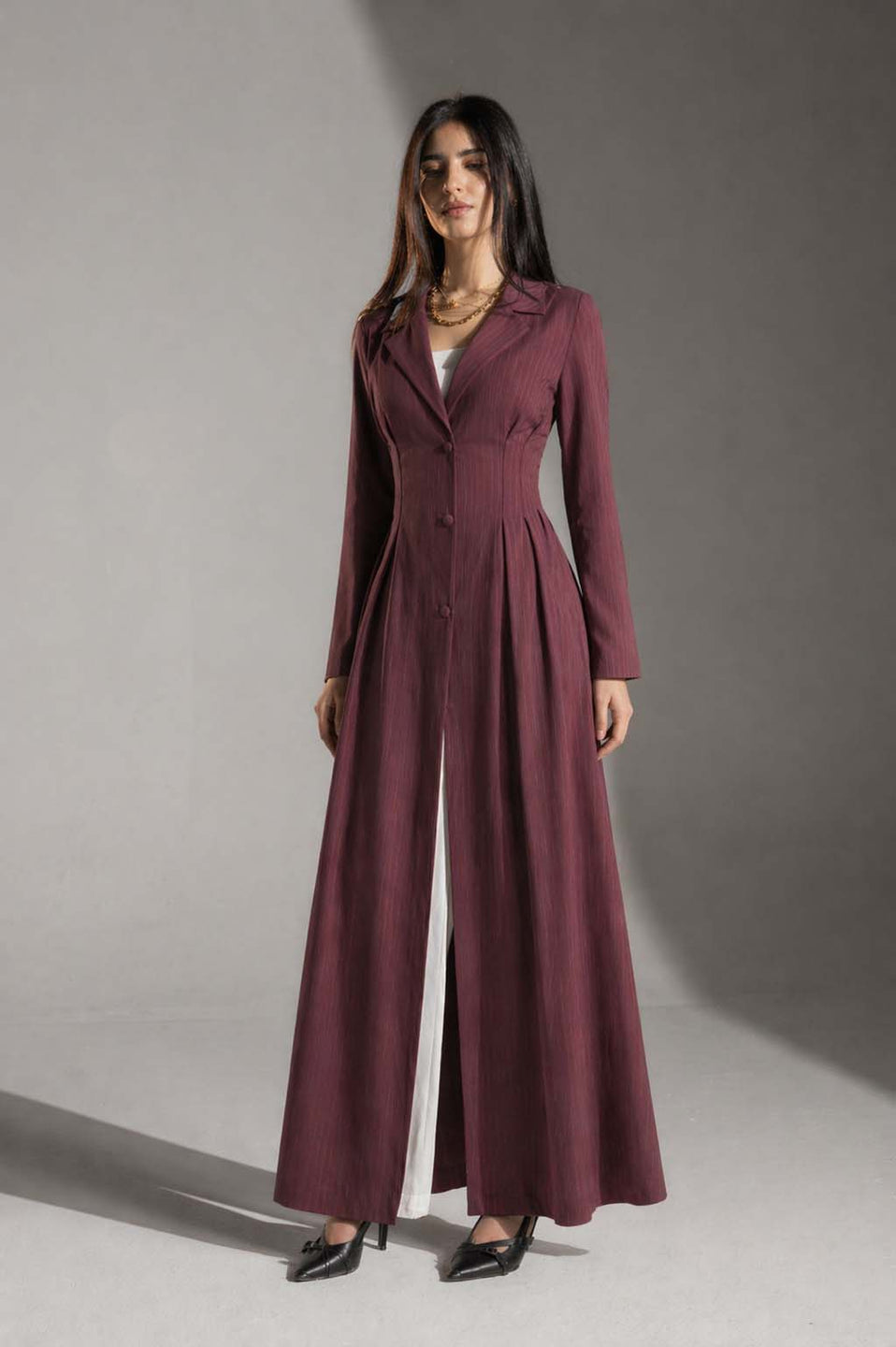 Burgundy Pinstriped TR Tied Back Dress