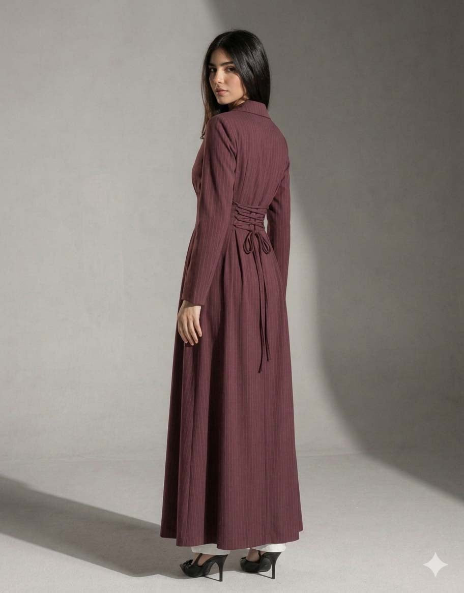 Burgundy Pinstriped TR Tied Back Dress