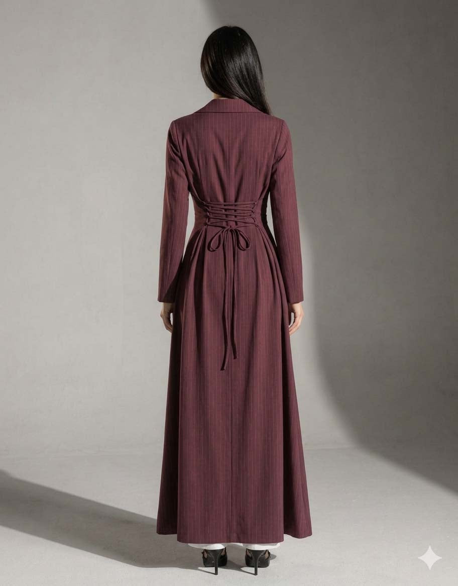 Burgundy Pinstriped TR Tied Back Dress