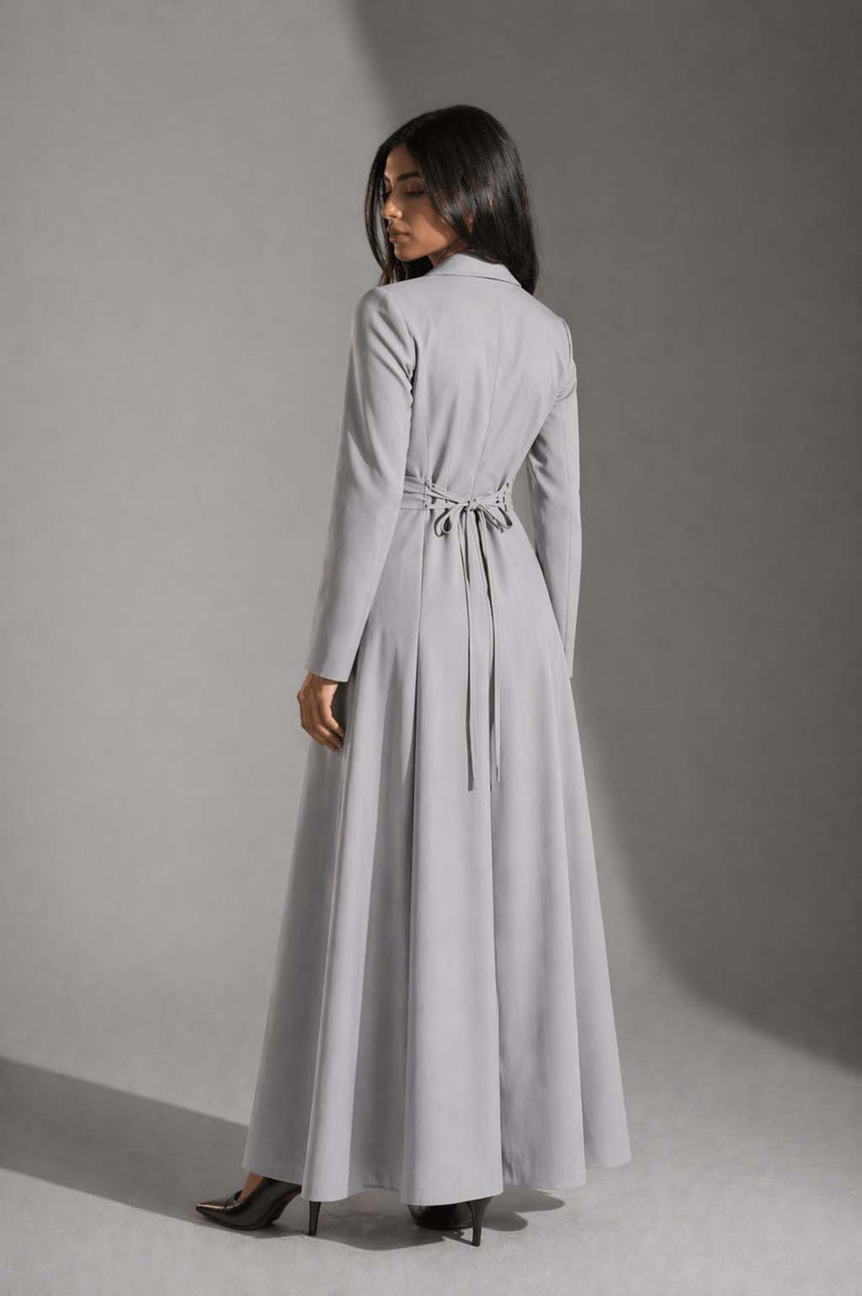 Grey Pinstriped TR Tied Back Dress