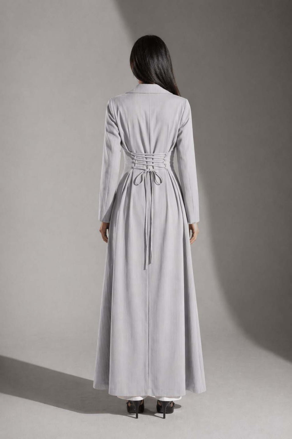 Grey Pinstriped TR Tied Back Dress