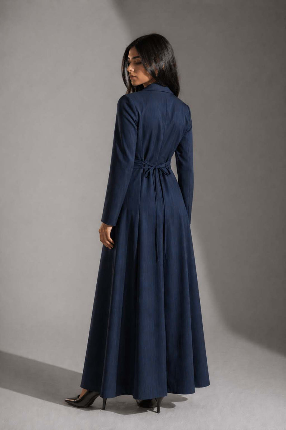 Navy Pinstriped TR Tied Back Dress