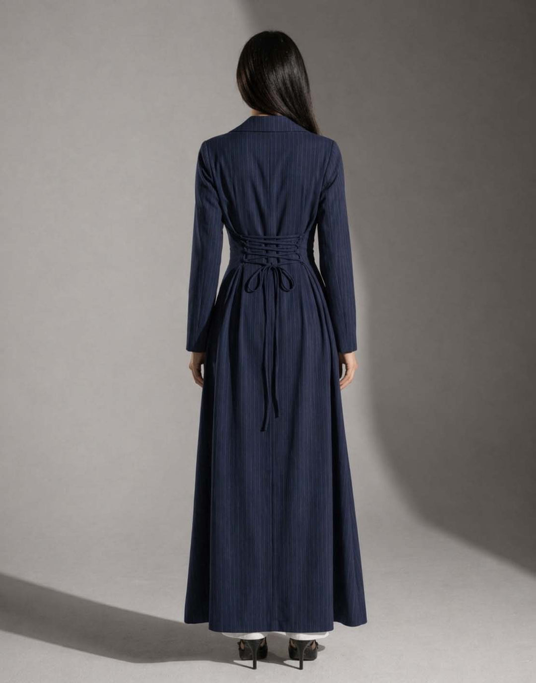 Navy Pinstriped TR Tied Back Dress