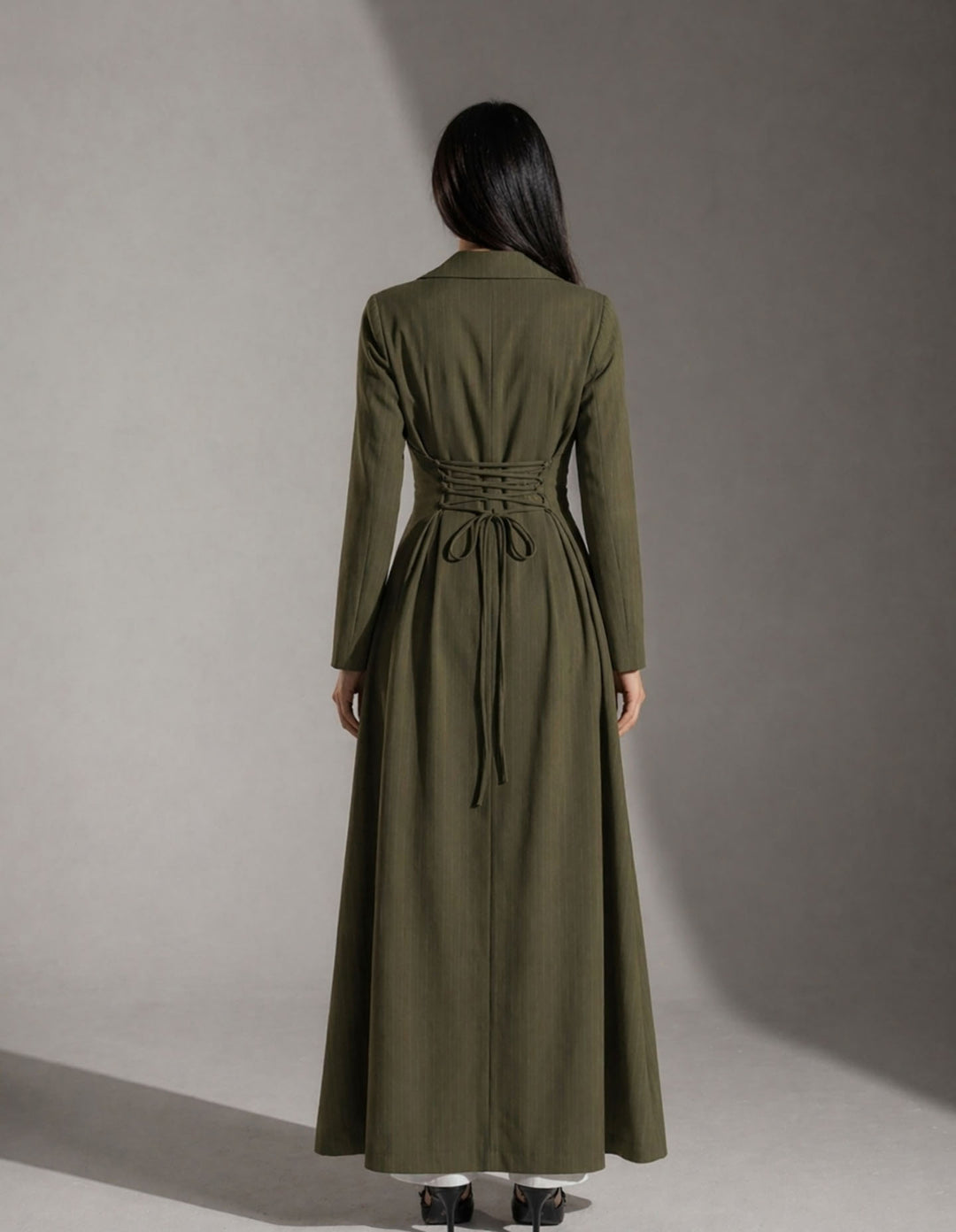 Olive Pinstriped TR Tied Back Dress