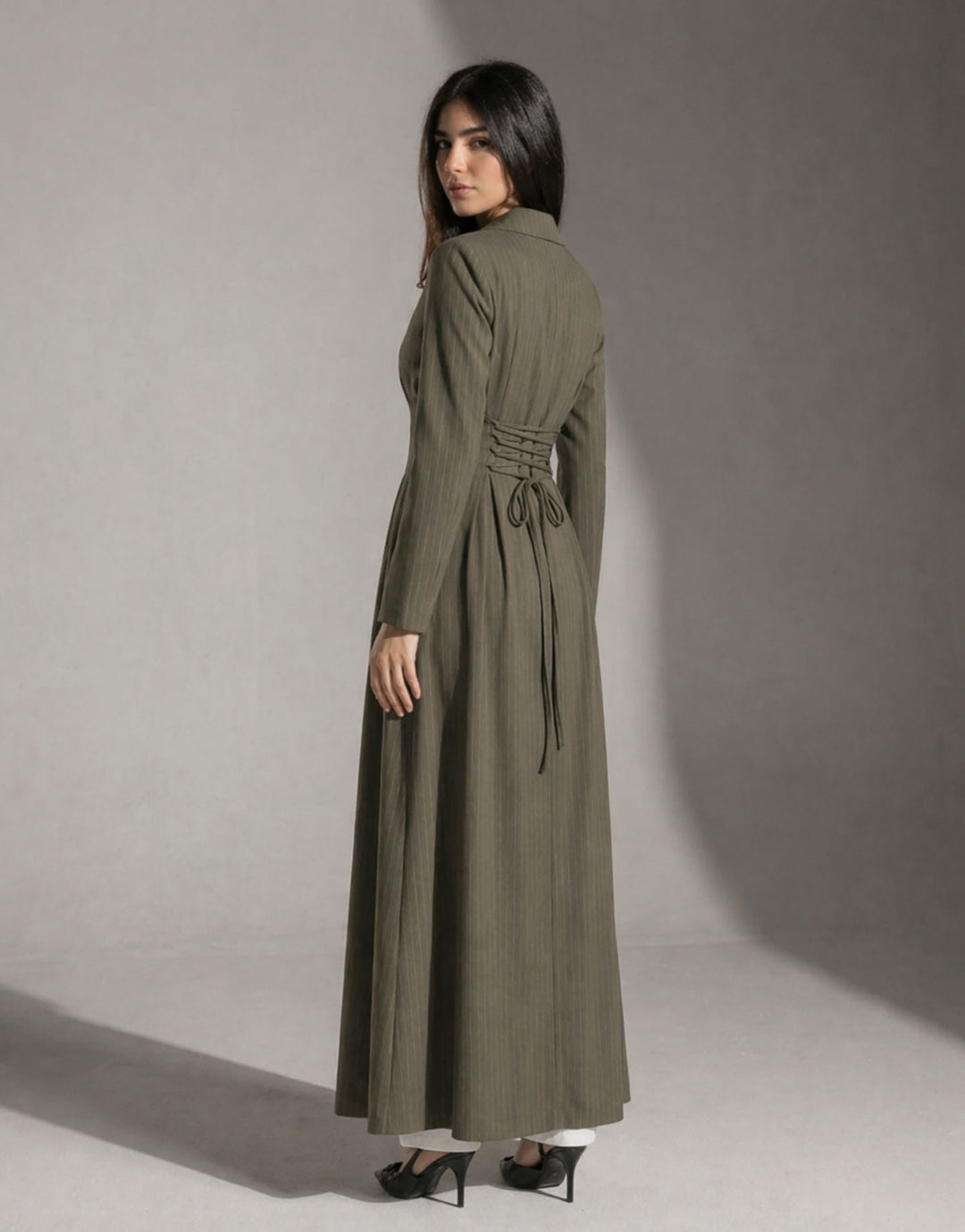 Olive Pinstriped TR Tied Back Dress