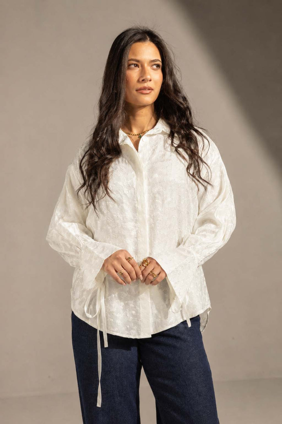 Off White Textured Embroidered Blouse