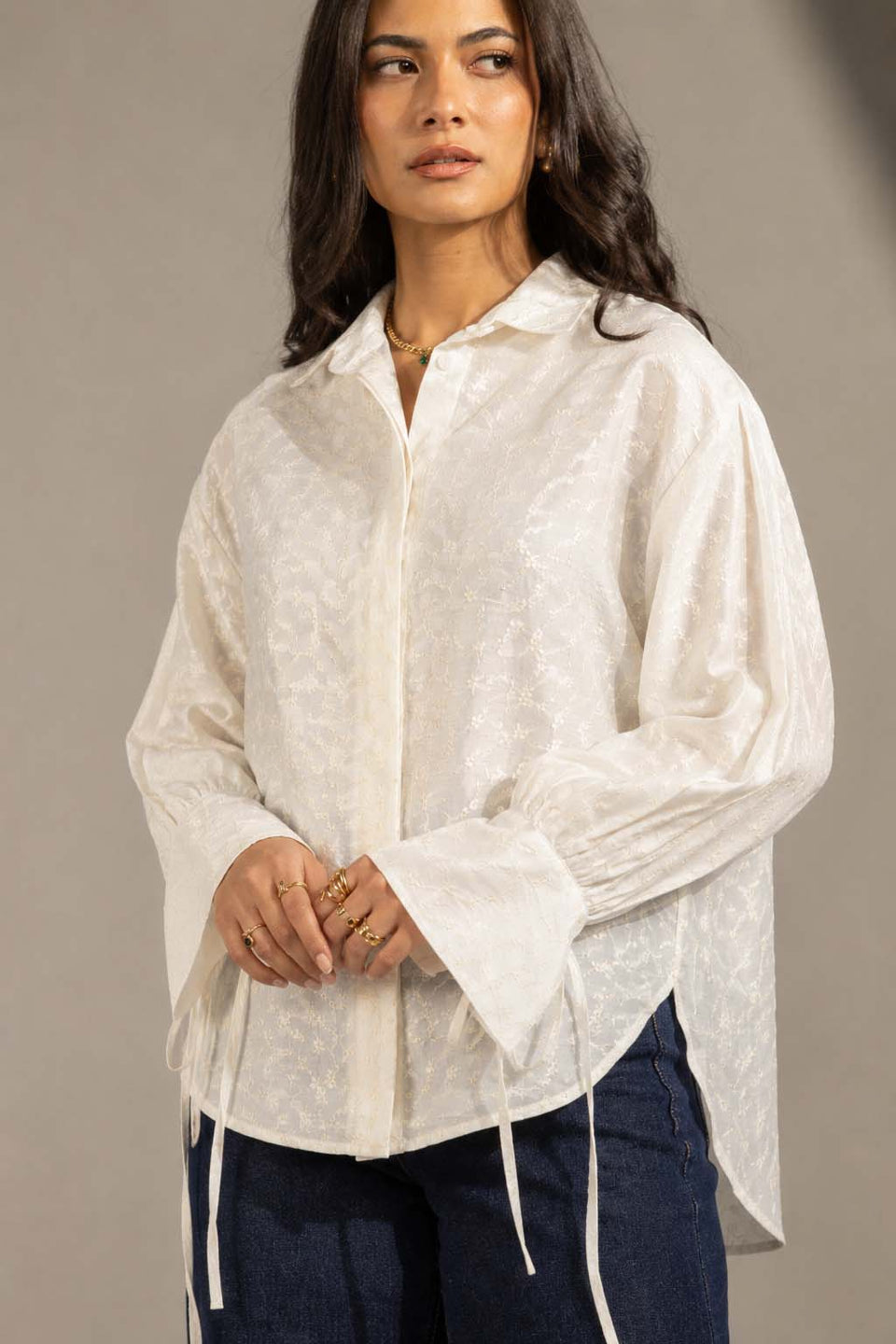 Off White Textured Embroidered Blouse