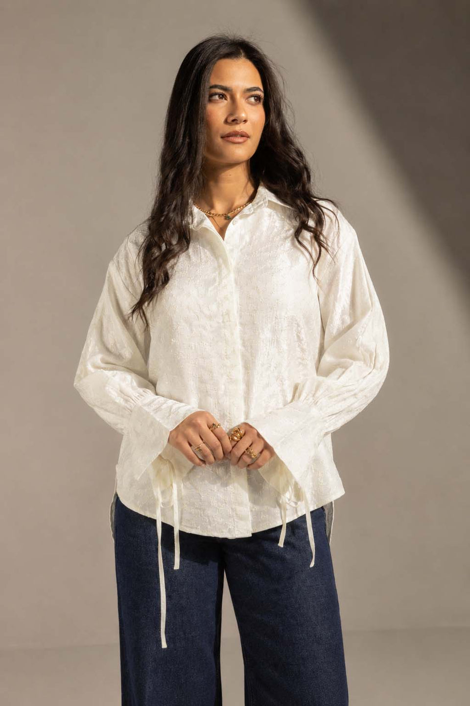 Off White Textured Embroidered Blouse