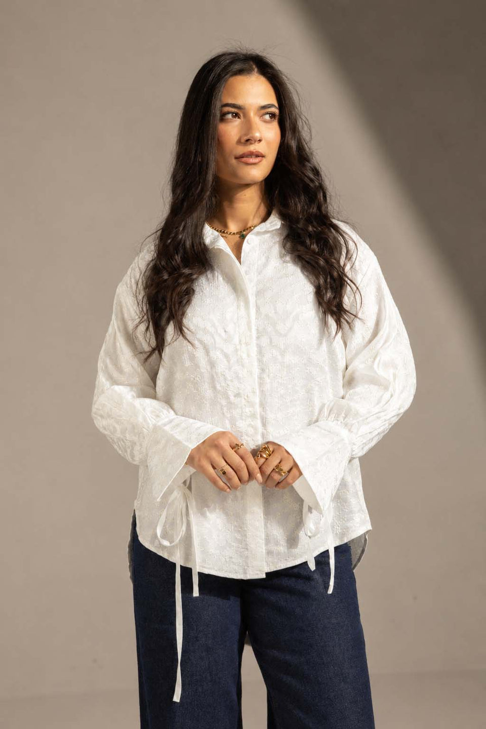 Off White Textured Embroidered Blouse