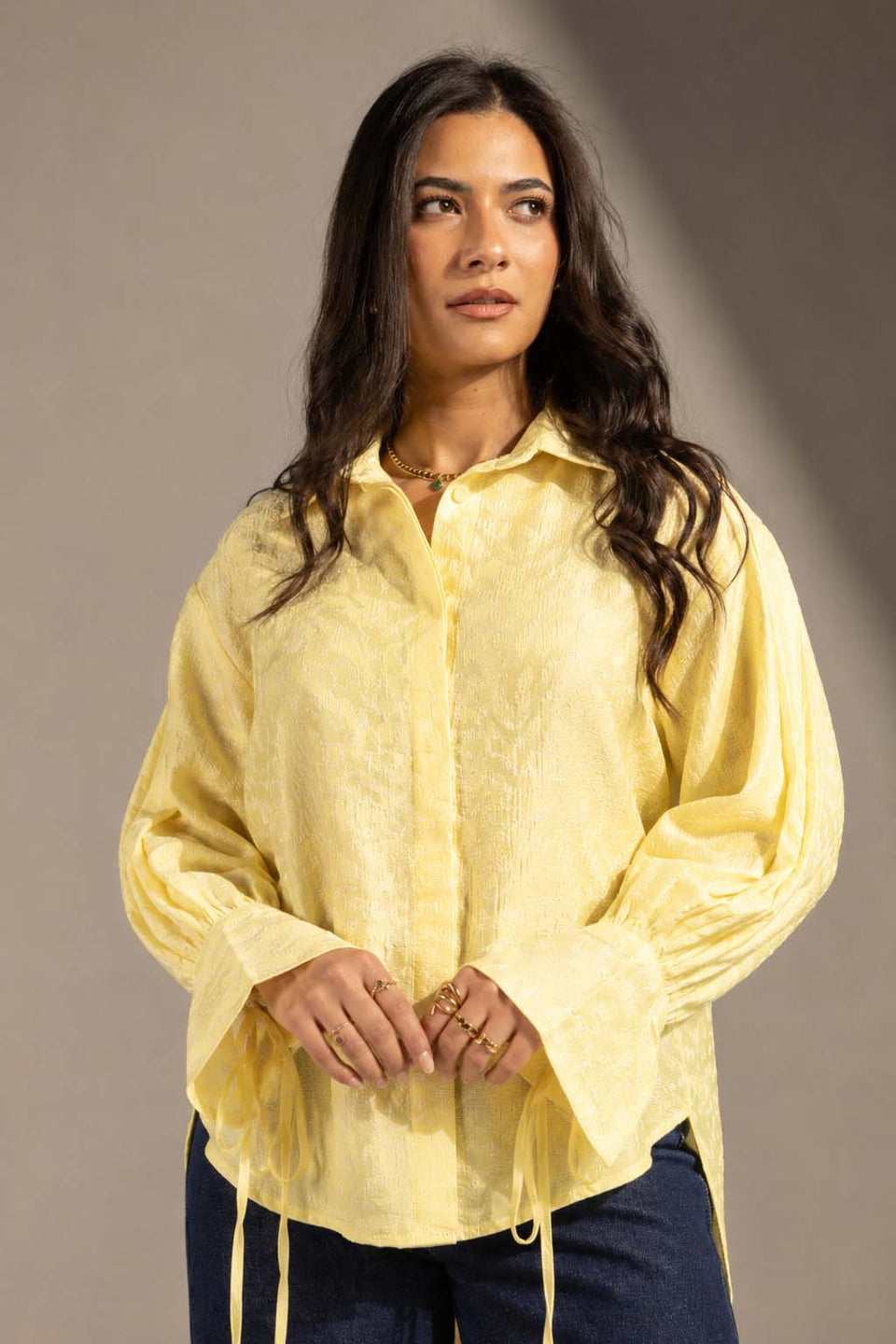 Yellow Textured Embroidered Blouse