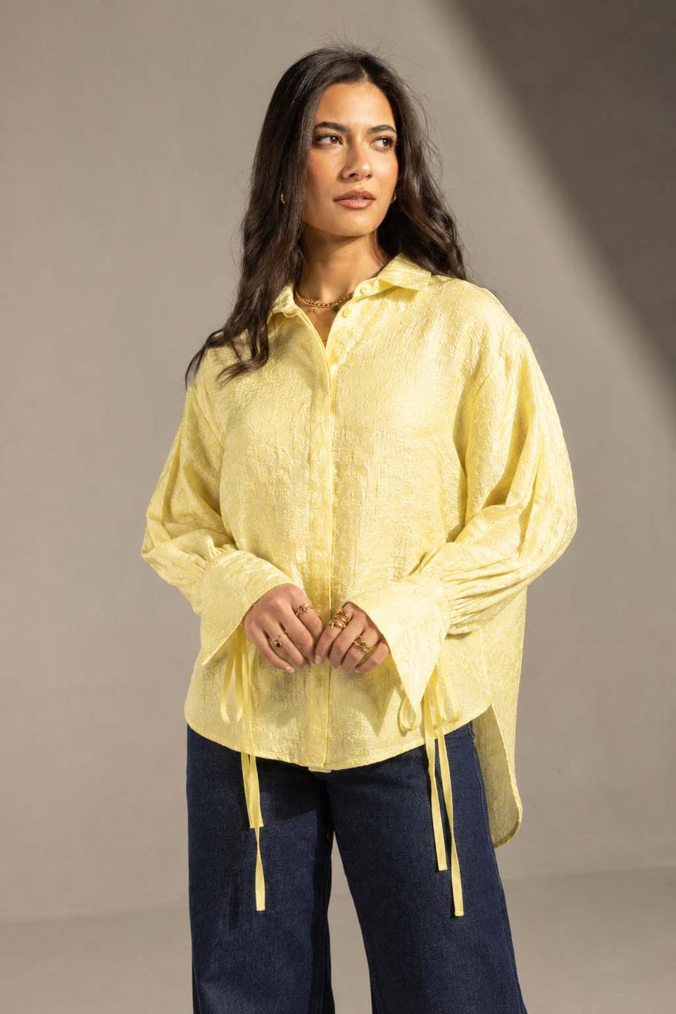 Yellow Textured Embroidered Blouse