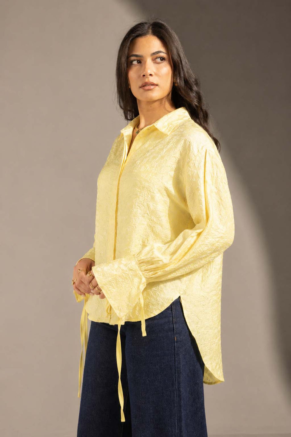 Yellow Textured Embroidered Blouse