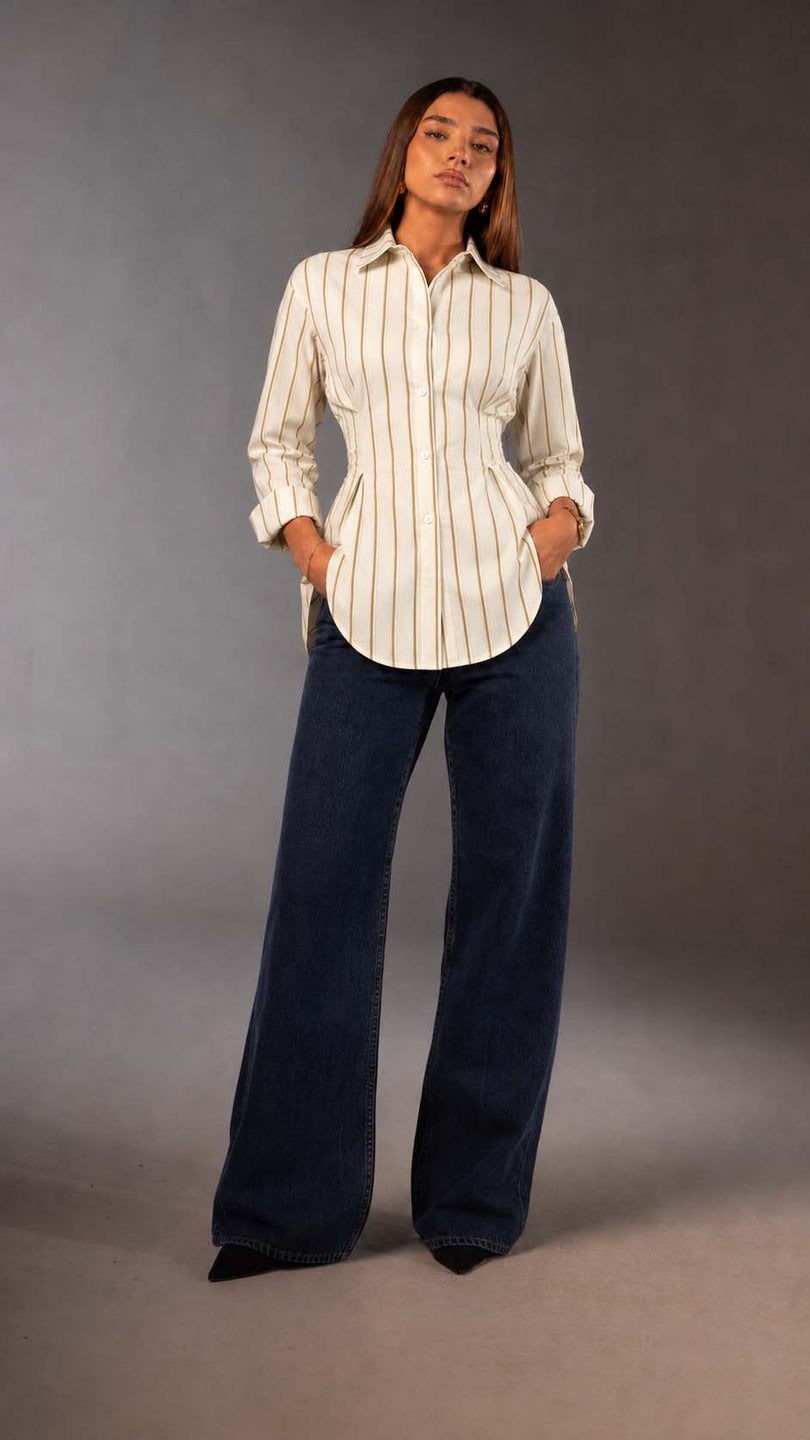 Camel Striped Tie-Back Shirt