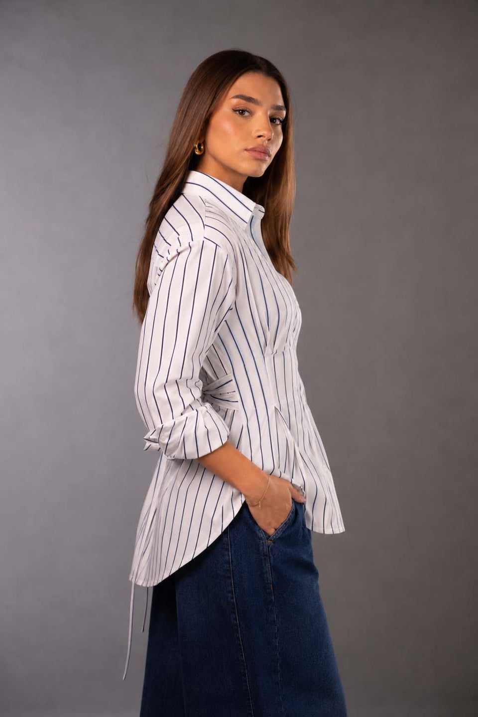 White Striped Tie-Back Shirt