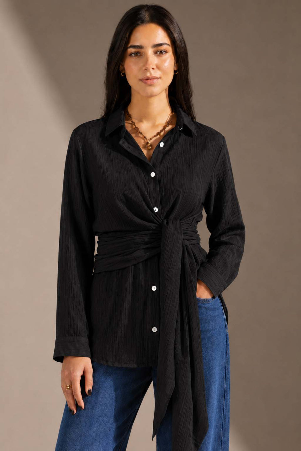 Black Wrap Tie Shirt
