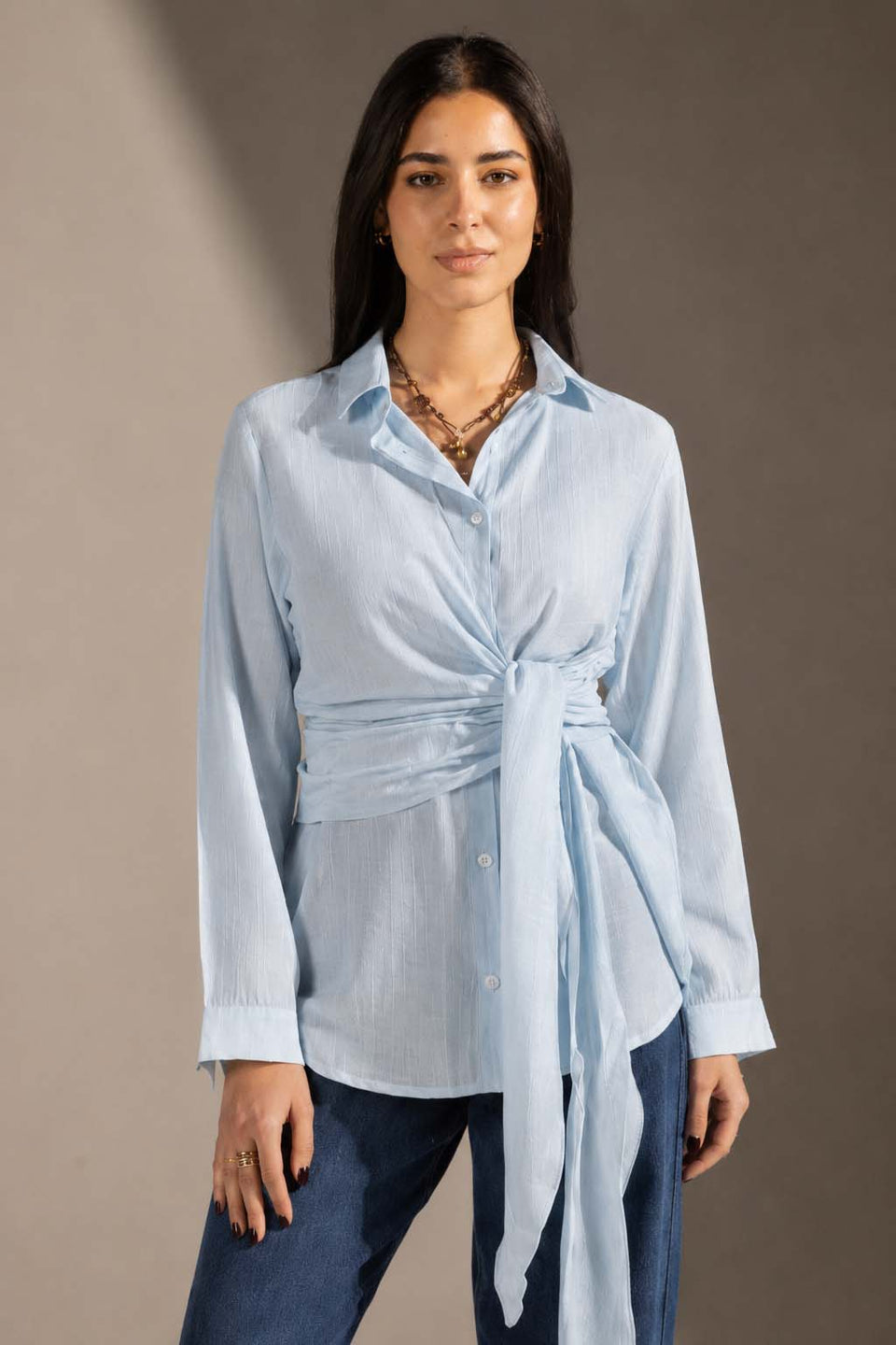 Blue Wrap Tie Shirt