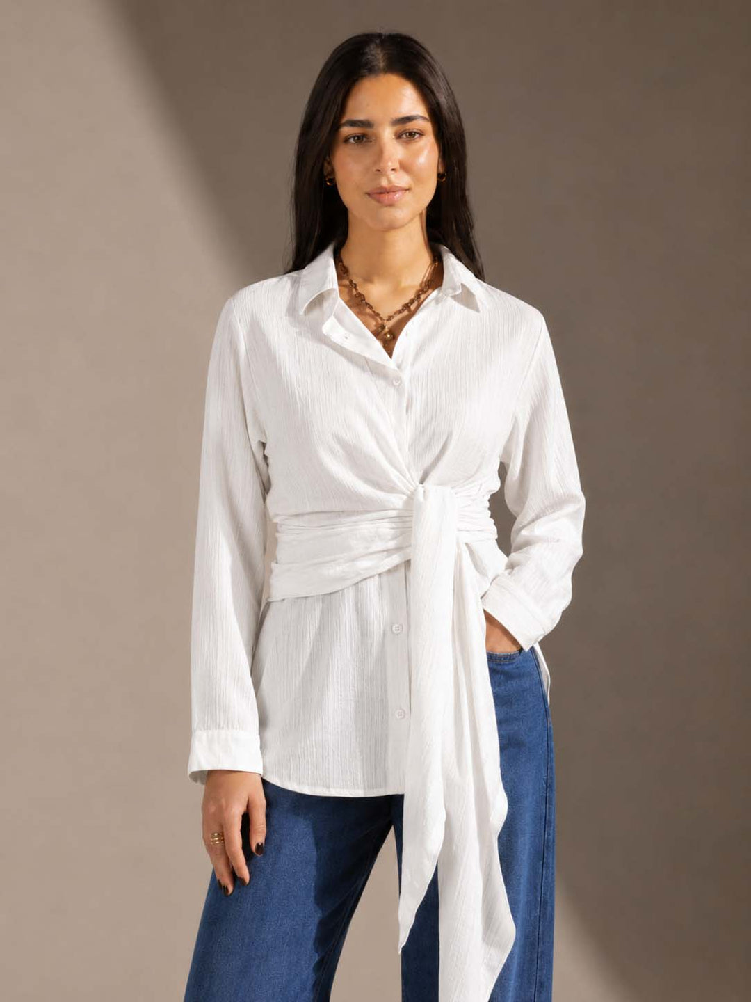 White Wrap Tie Shirt