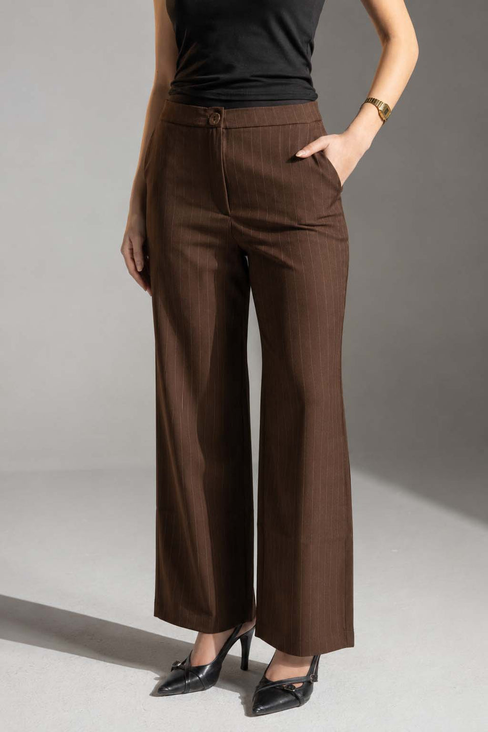 Brown Pinstripe Wide-Leg Pants