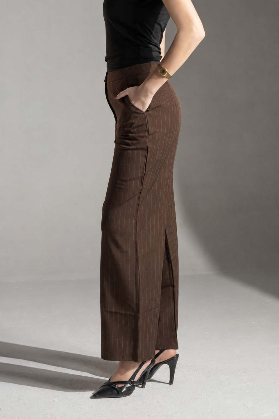 Brown Pinstripe Wide-Leg Pants