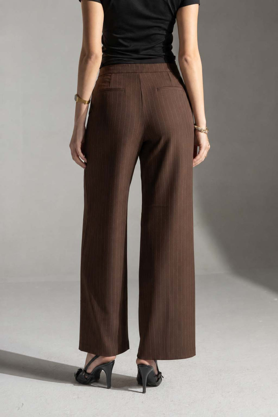 Brown Pinstripe Wide-Leg Pants