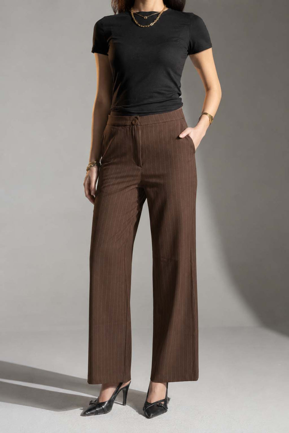 Brown Pinstripe Wide-Leg Pants