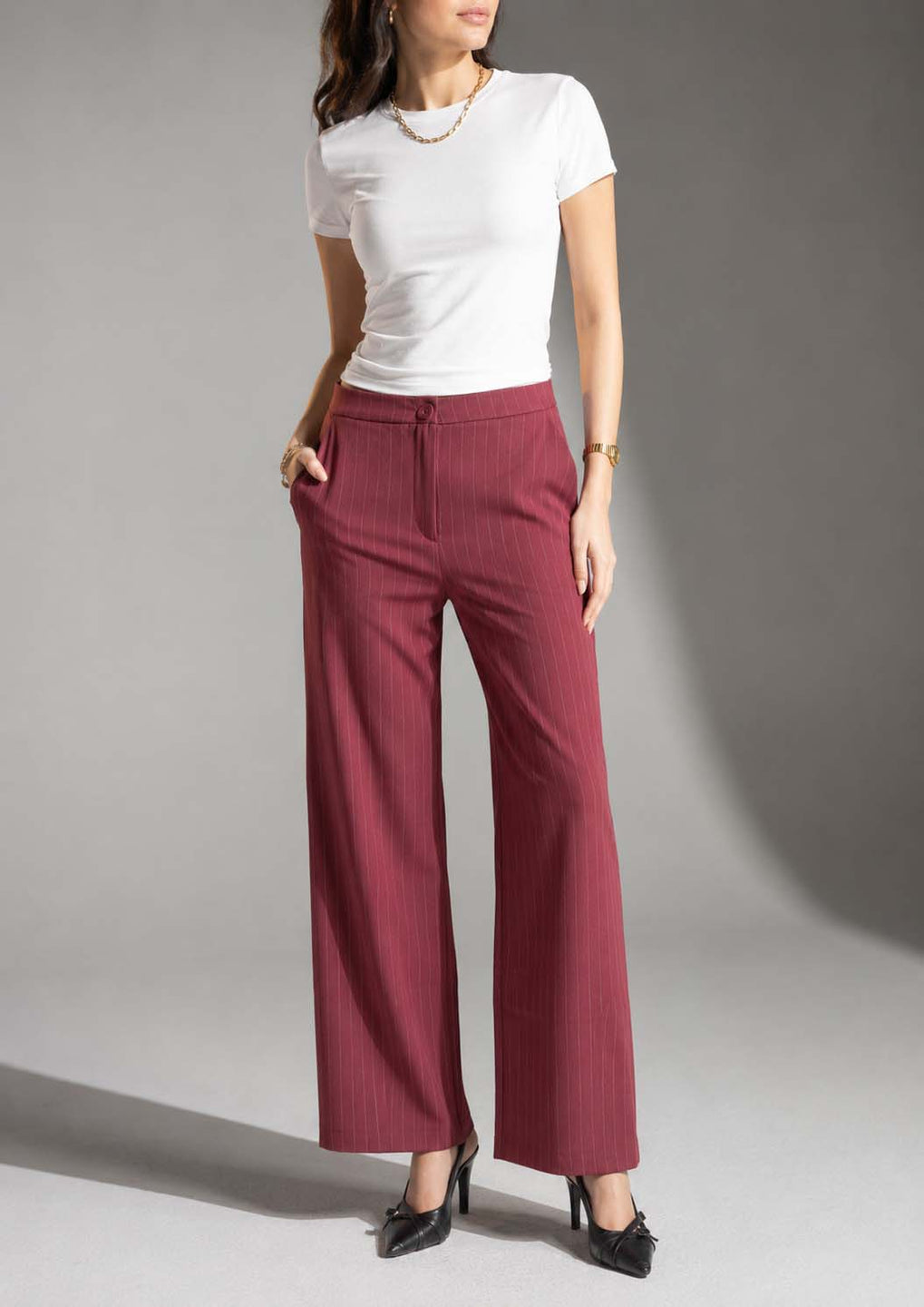 Burgundy Pinstripe Wide-Leg Pants
